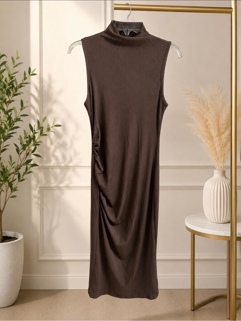 NWT Cider Brown Ribbed Ruched Sleeveless Midi Dress Size Medium